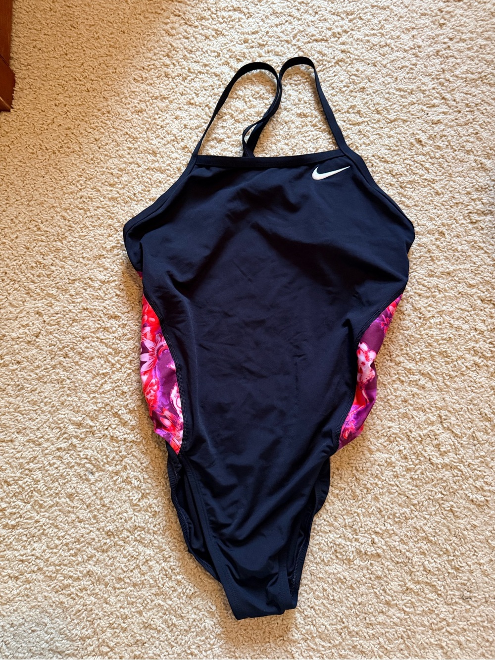 Nike Black One-Piece Swimsuit with Pink Floral Side Panels. Size 14